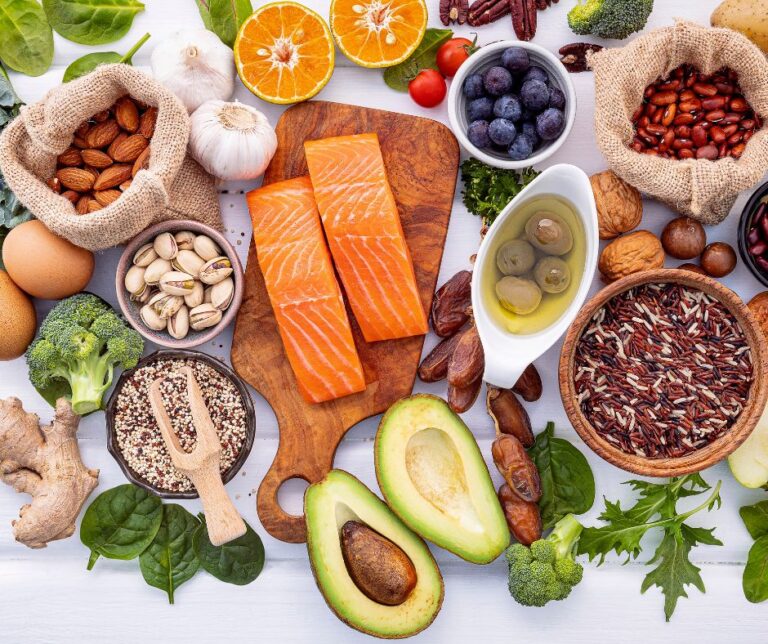 Spread of healthy foods across a table